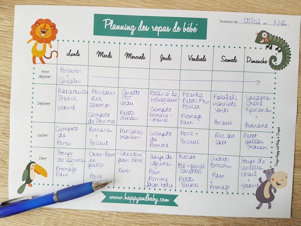 planning des repas de bébé à télécharger