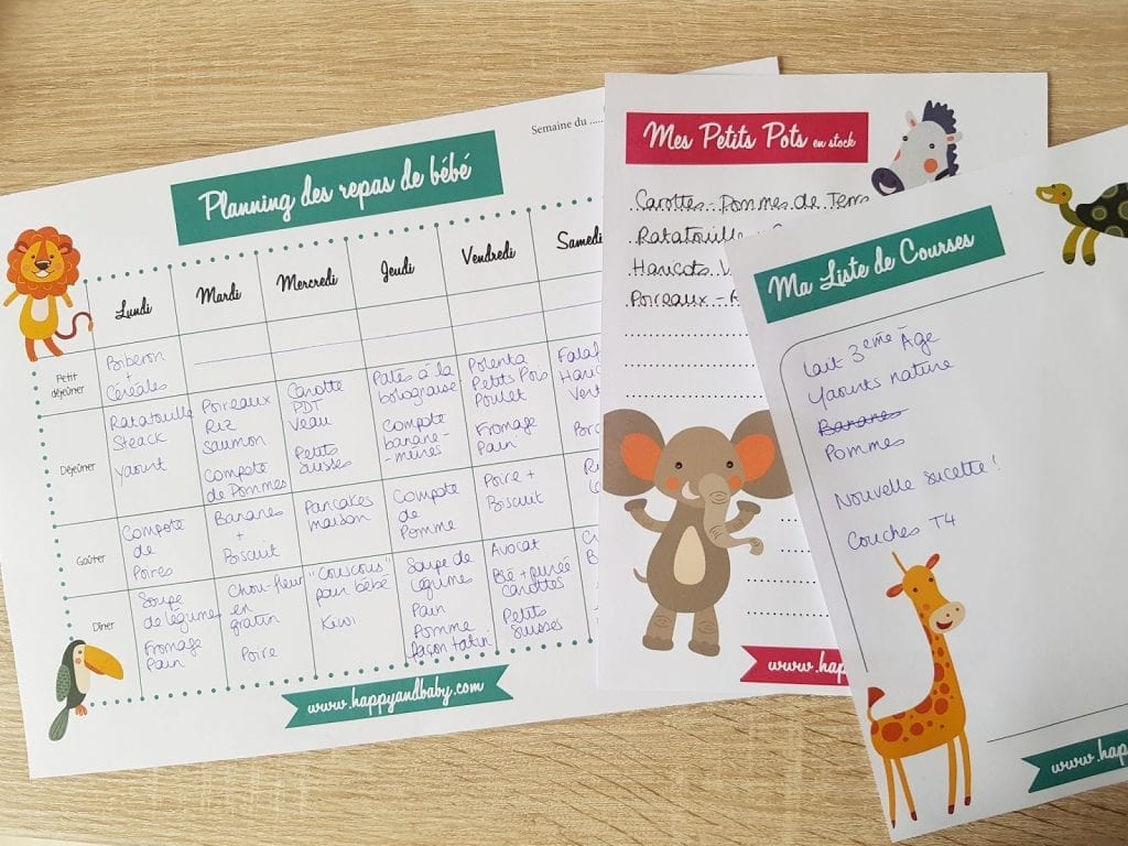 organisation des repas de bébé fiches à télécharger