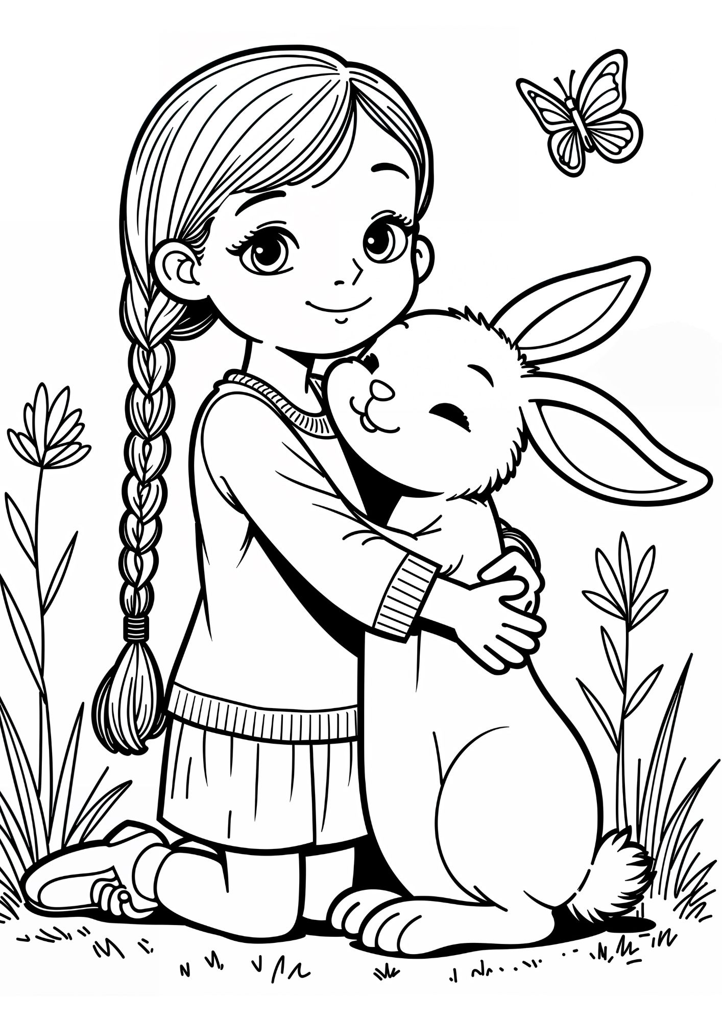 coloriage pâques fillette et lapin