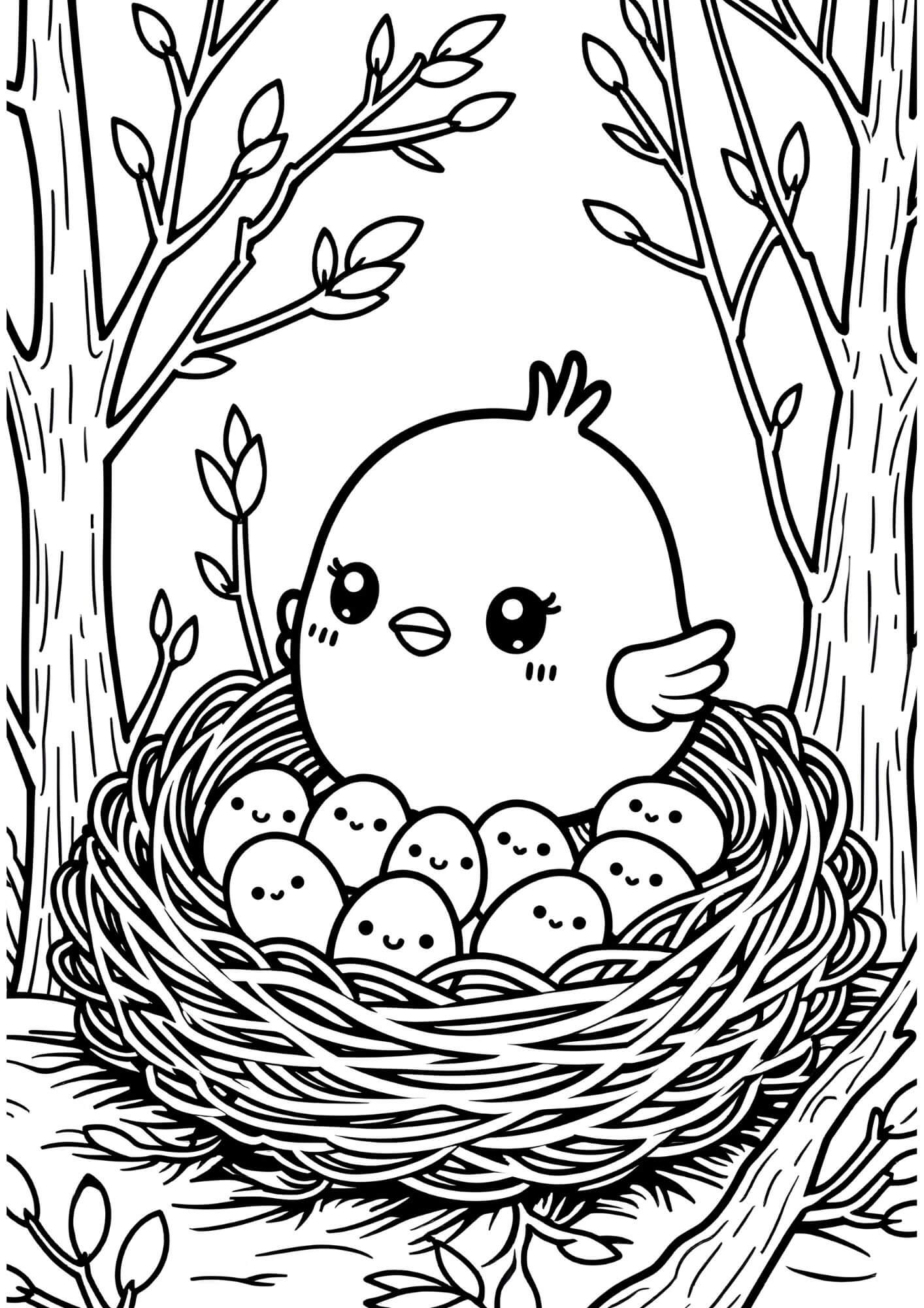 coloriage pâques poussins et nid