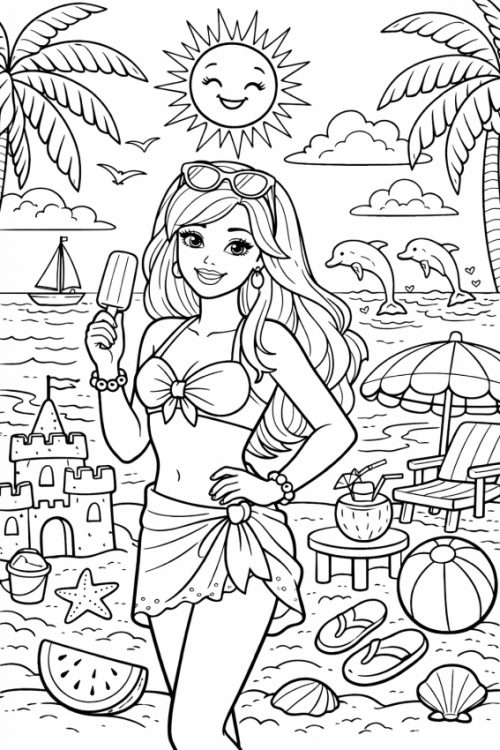 coloriage été barbie plage