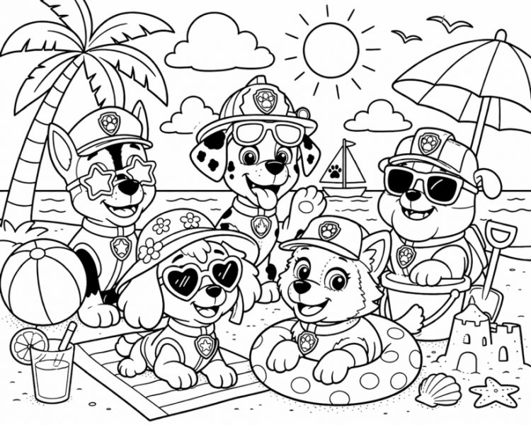 dessin à colorier pat patrouille plage