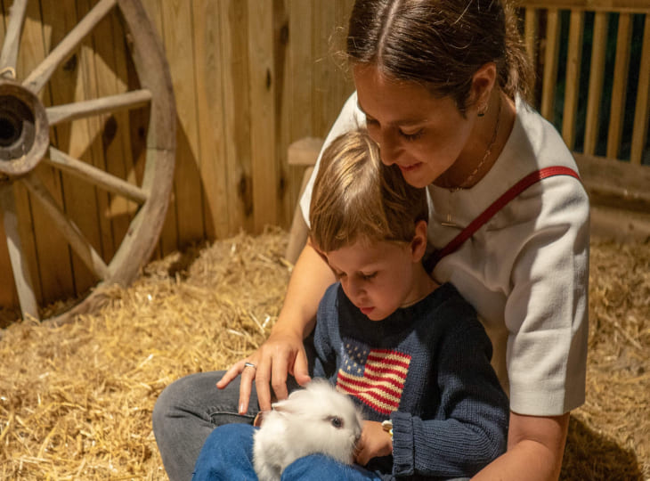 Enfant caressant un lapin blanc au Monde de Noé à Lille, activité animalière pédagogique pour les familles.