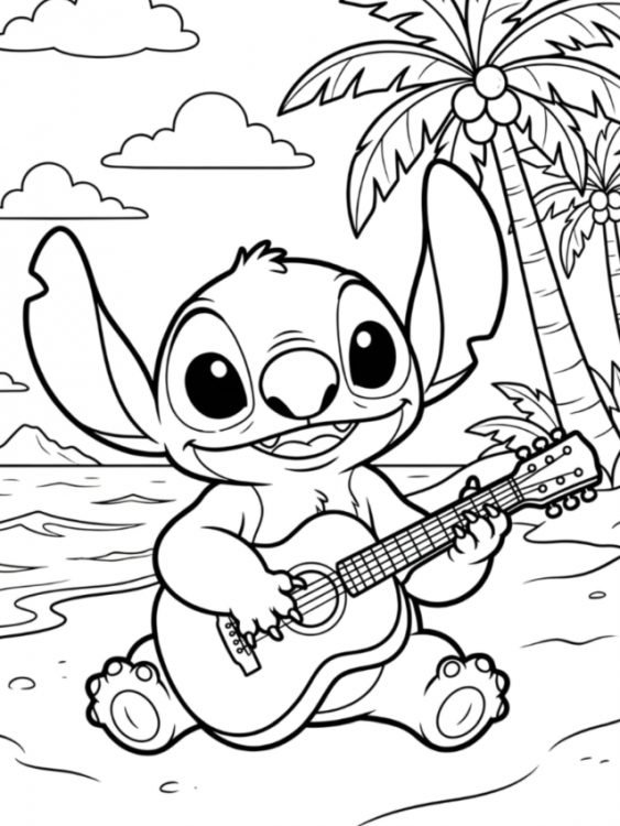 coloriage été stitch sur la plage