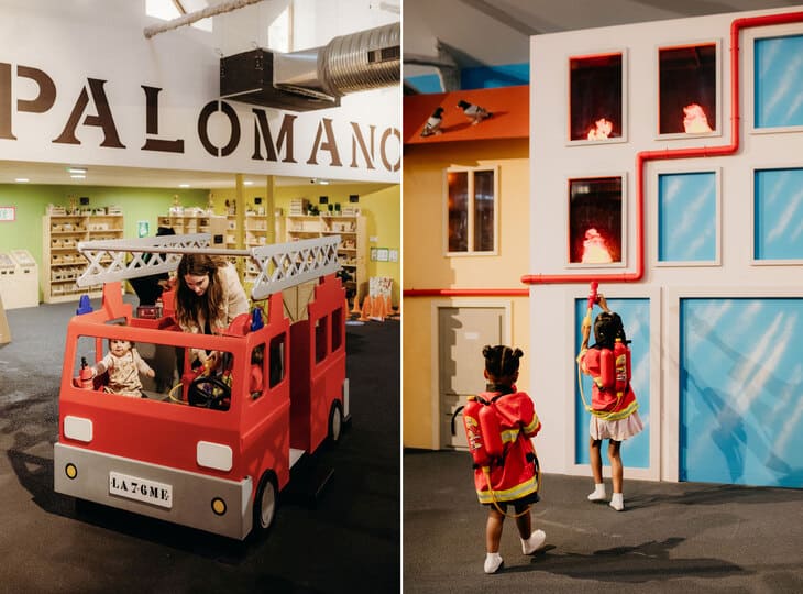 Enfants jouant aux pompiers dans un camion rouge à Palomano Lille, parc de loisirs éducatif et immersif.