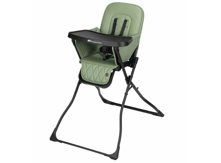 Chaise haute pliante Bébéconfort Mallow pour petit budget, de couleur vert kaki avec plateau noir.
