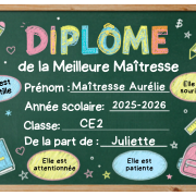 Image d'un tableau vert avec écrit dessus "diplôme de la meilleure maîtresse" avec toutes ses qualités, prénom, classe etc et des éléments de la classe en guise de décoration.