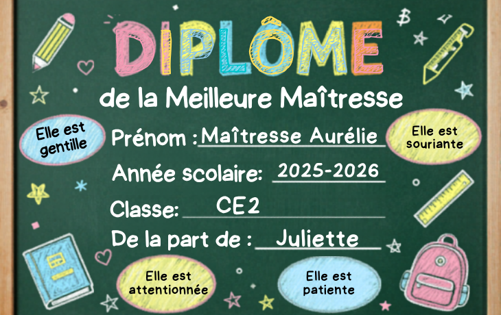 Image d'un tableau vert avec écrit dessus "diplôme de la meilleure maîtresse" avec toutes ses qualités, prénom, classe etc et des éléments de la classe en guise de décoration.