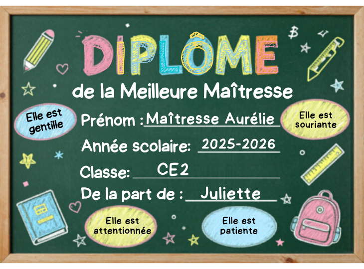 Image d'un tableau vert avec écrit dessus "diplôme de la meilleure maîtresse" avec toutes ses qualités, prénom, classe etc et des éléments de la classe en guise de décoration.