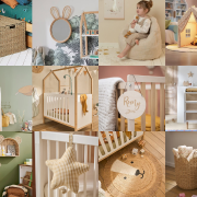 Collage de 12 images (notre sélection décos) d'éléments de décorations pour une chambre bébé nature.