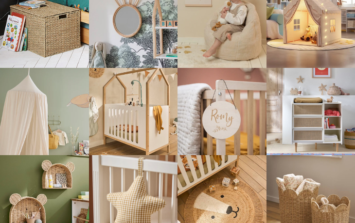 Collage de 12 images (notre sélection décos) d'éléments de décorations pour une chambre bébé nature.