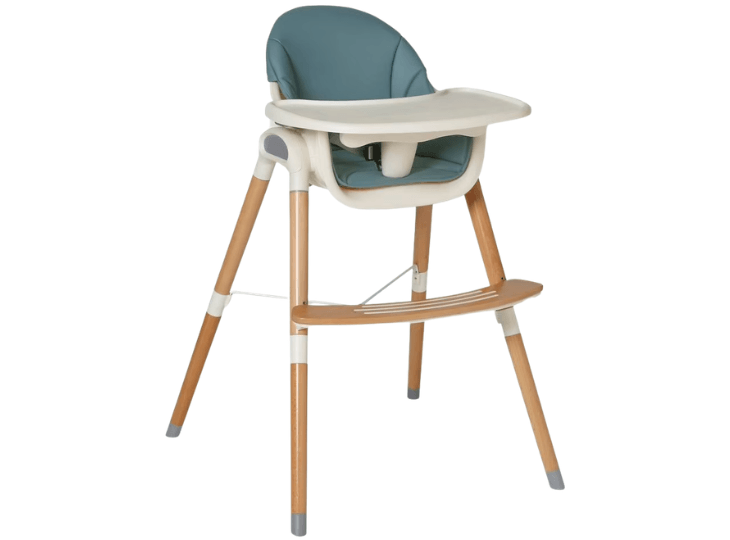 Chaise haute hêtre massif Vertbaudet High & Low avec assise et dossier de couleur bleu canard.
