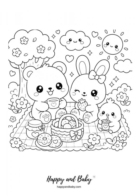 cooloriage animaux kawaii en pique nique