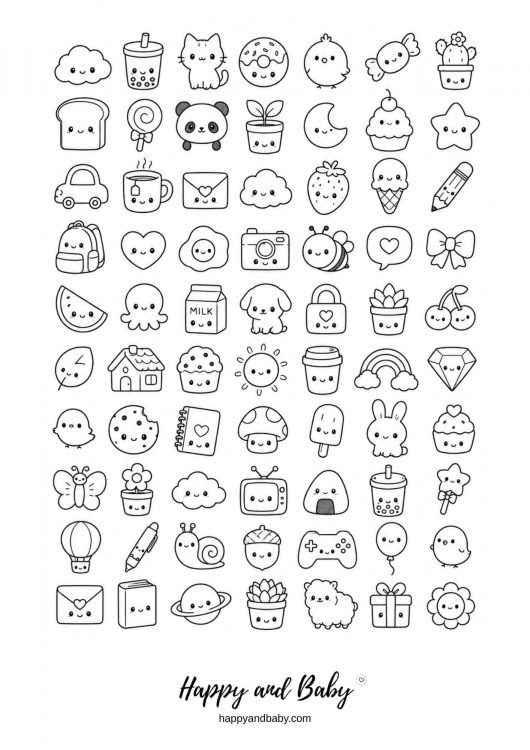 planche dessins kawaii à colorier (animaux, nourriture, jeux vidéos)