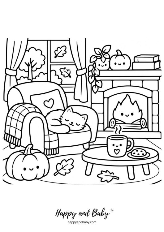 coloriage d'automne maison cosy et kawaii
