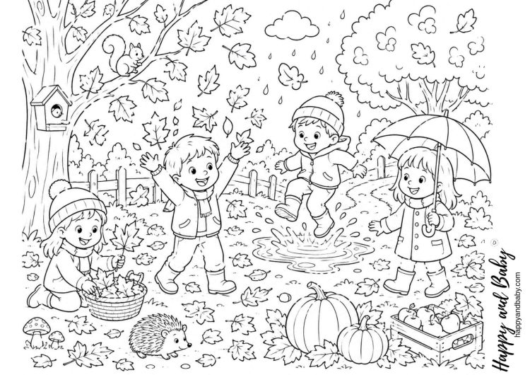 coloriage d'automne enfants qui jouent dehors