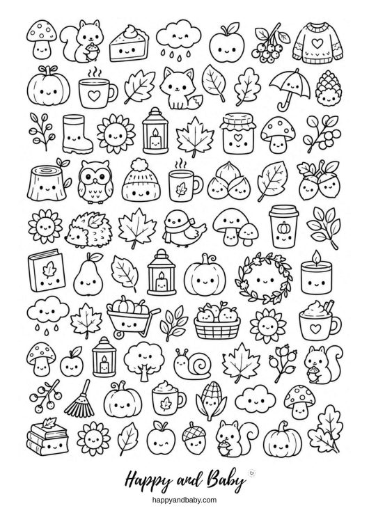 coloriage d'automne kawaii - multitude de petits dessins