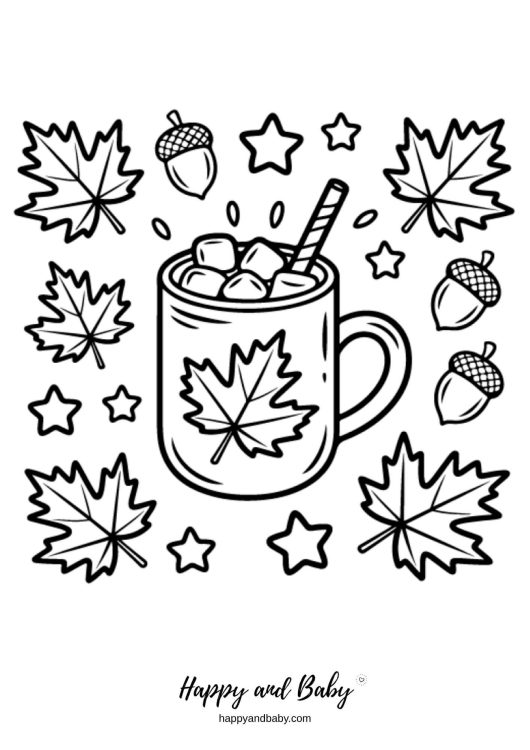 coloriage cosy chocolat chaud et feuilles mortes pour l'automne