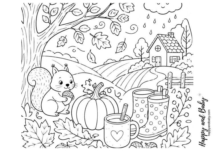 coloriage automne ecureuil et citrouille